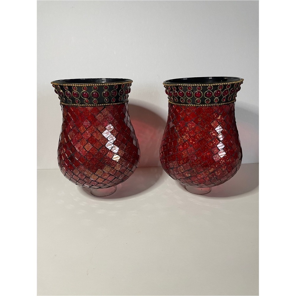 Red Mosaic Glass Hurricane Shades Decorative Trim Home Accents